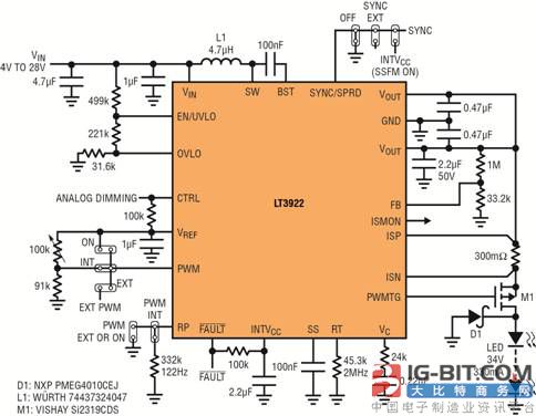 同步、低 EMI LED 驱动器具集成式开关和内部 PWM 调光能力