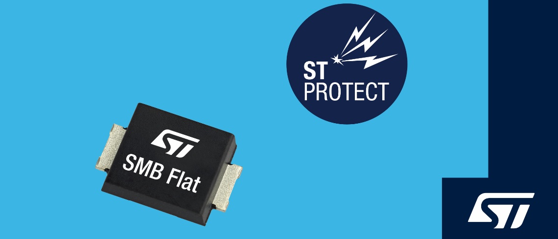 意法半导体首款采用微型SMB Flat封装的1,500 W TVS二极管SMB15F已经通过认证