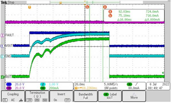 TPS274C65 电流检测功能示例：显示电磁阀负载电流曲线的示波器屏幕截图 (a)