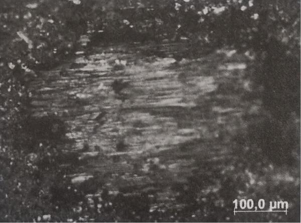 0.8μm纳米颗粒改性镀层接触区显微观测图（磨坑平均深度为4μm，接触件经过5万次试验后仍有效）