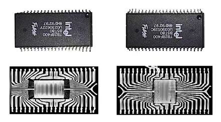 比较Intel闪存IC（右）和假冒产品（左）。虽然这些集成电路的封装几乎相同，x射线图像显示了非常不同的内部结构。