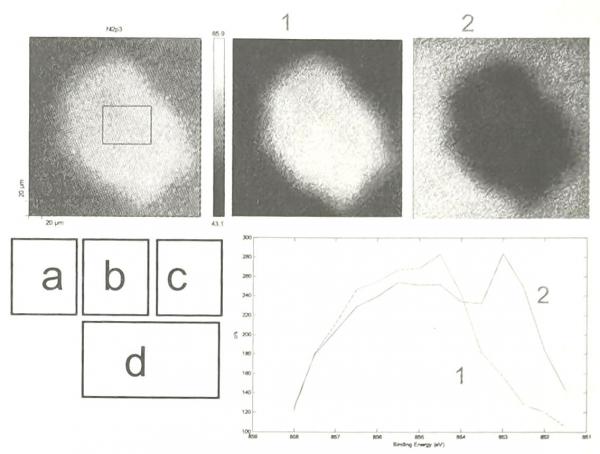 500次微振后光亮Ni的XPS图谱。a）全局图，b）磨痕光谱内部，c）磨痕光谱外部，d）859至851eV的对应的光谱结合能（BE），1eV刻度