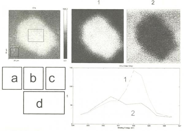 光亮Ni镀层500次微振后氧原子XPS图。        a）全局图，b）磨痕光谱内部，c）磨痕光谱外部，d）对应的光谱：从534到527eV，1eV刻度。