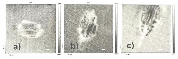 SEM图像：a）润滑的光亮镍500次微振后的磨痕，b）润滑的亚光镍500次微振的磨痕，C）亚光镍5000次微振后的斑痕（3kv，10NA）；图像上显示20μm刻度