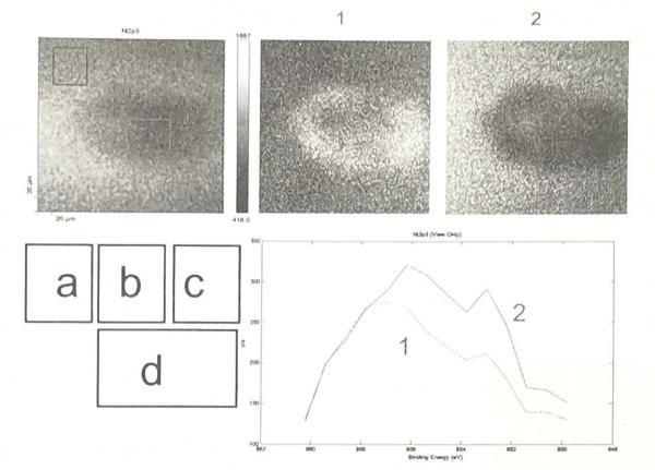 经过润滑的光亮Ni镀层500次微振后的Ni的XPS图谱。a）全局图谱b）磨痕光谱内部，c）磨痕光谱外部，d）对应的光谱：（BE）862至848eV，2eV刻度