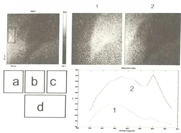 经过润滑的亚光镍镀层5000次微振后的Ni元素XPS图。a）全局图，b）磨痕内的光谱，c）磨痕外的光谱，d）对应的光谱：BE从859到851eV，1eV刻度。